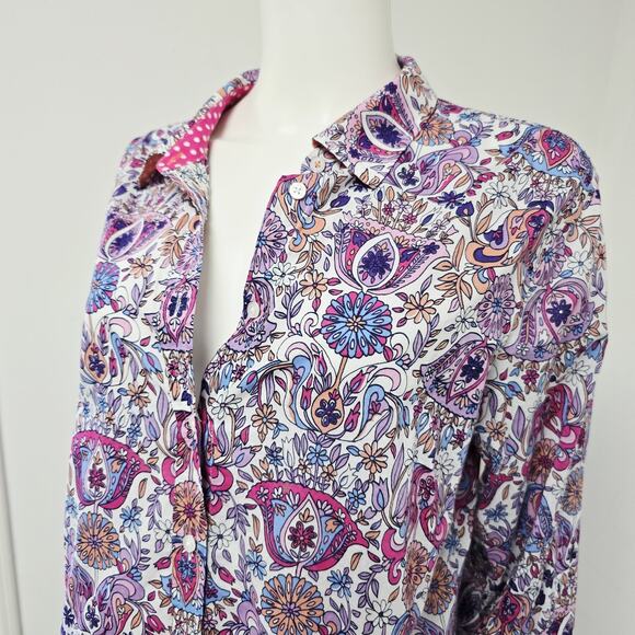 Talbots Shirt Size XL Contrast Cuffs Button Front Purple Floral Art Nouveau - Picture 4 of 8